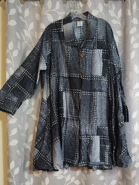 Kara Chic by NF Black & Gray Cotton Patchwork Button-Up Oversized Blazer Top OS